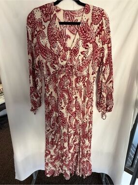 Zara Cream and Red Paisley Long-Sleeve V-Neck Maxi Dress